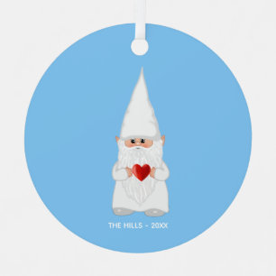 Christmas Gnome Holding a Heart on Light Blue Metal Tree Decoration