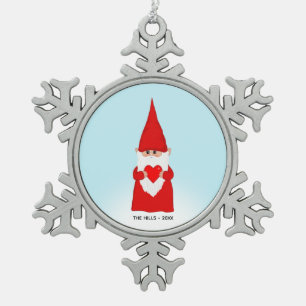 Christmas Gnome Holding a Heart on Light Blue Snowflake Pewter Christmas Ornament