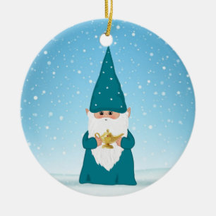 Christmas Gnome Holding a Magic Lamp Ceramic Ornament