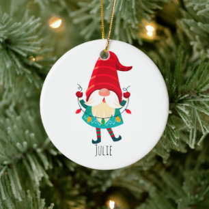 Christmas Gnome Holding Christmas Lights Ceramic Ornament