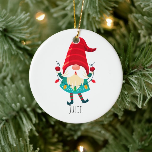 Christmas Gnome Holding Christmas Lights Ceramic Ornament (Tree)