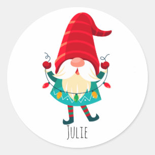 Christmas Gnome Holding Christmas Lights Classic Round Sticker
