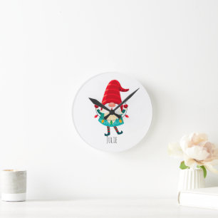 Christmas Gnome Holding Christmas Lights Round Clock