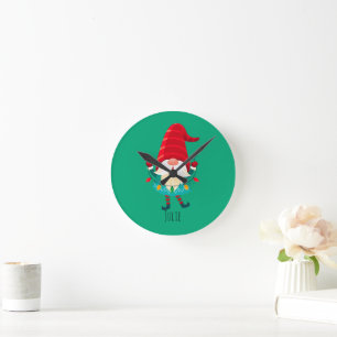 Christmas Gnome Holding Christmas Lights Round Clock