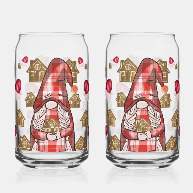 Christmas Gnome Holding Gingerbread Men, Festive Can Glass (Left)