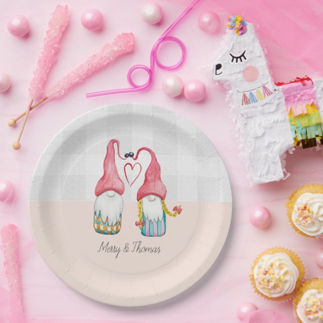 Christmas Gnome In Love Watercolor Hand-painted Paper Plate (Party)