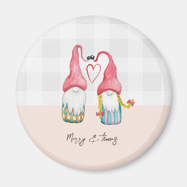 Christmas Gnome In Love Watercolor Monogrammed Magnet (Front)