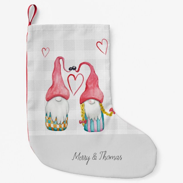 Christmas Gnome In Love Watercolor Monogrammed Small Christmas Stocking (Front)