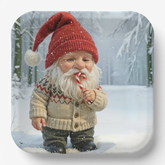 Christmas Gnome In Snowflakes With Candy Cane  Paper Plate (Front)