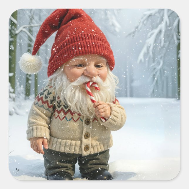 Christmas Gnome In Snowflakes With Candy Cane  Square Sticker (Front)