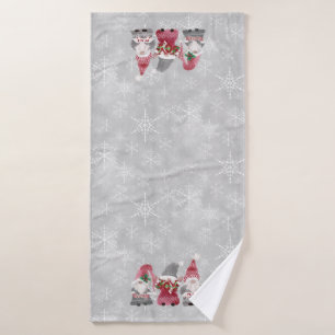 Christmas Gnome Love Joy Peace Grey Snowflakes Bath Towel