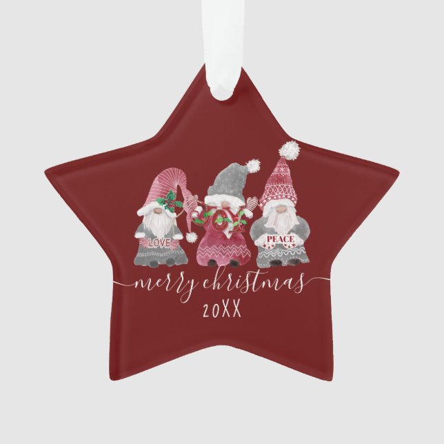 Christmas Gnome Love Joy Peace Script Family Photo Ornament (Front)