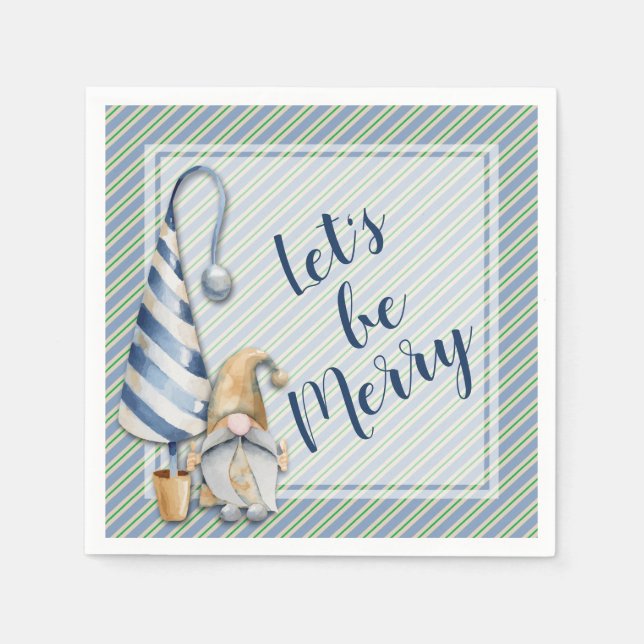 Christmas Gnome on Blue Stripes Holiday Party Napkin (Front)