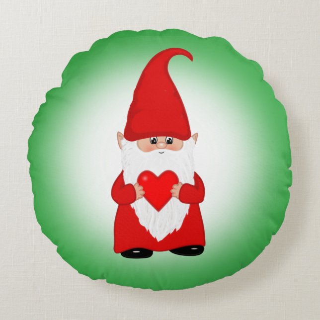 Christmas Gnome on Green Round Cushion (Front)