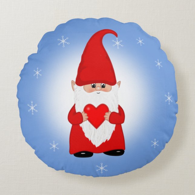 Christmas Gnome on Light Blue Round Pillow (Front)