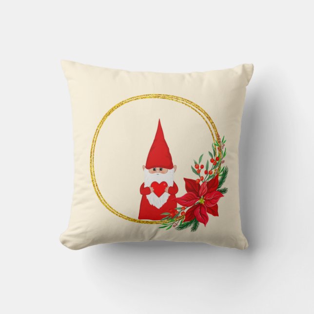 Christmas Gnome on Light Champagne Beige Cushion (Front)