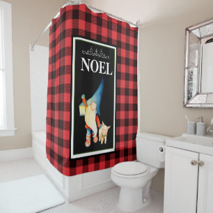 Christmas Gnome on Red and Black Buffalo Plaid Shower Curtain