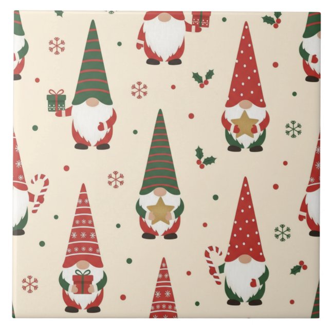 Christmas Gnome Party Pattern Ceramic Tile (Front)
