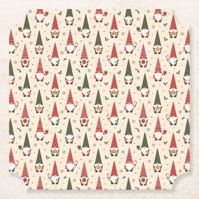 Christmas Gnome Party Pattern Paper Coaster (Front)