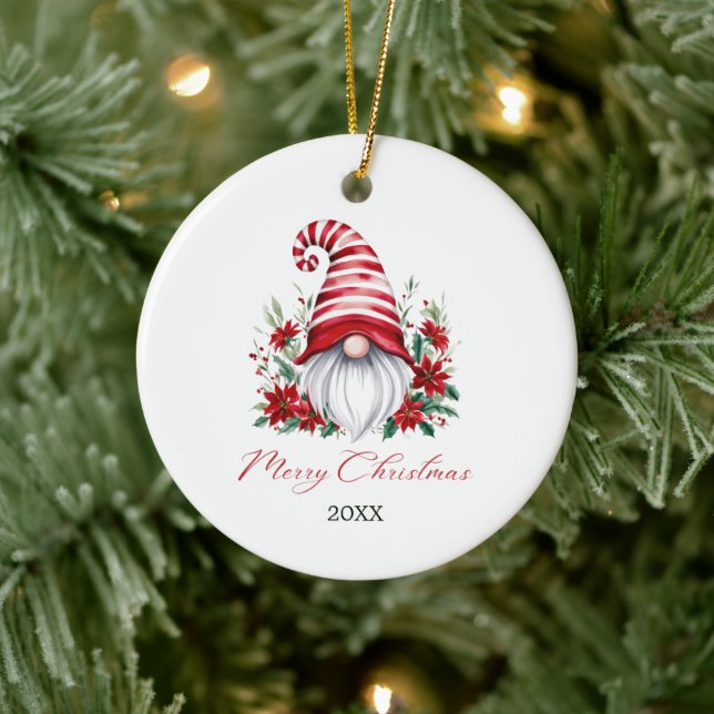 Christmas Gnome Poinsettia Christmas Holiday Ceramic Ornament (Tree)