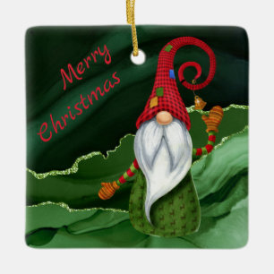 Christmas Gnome Red and Green Gemstone Rustic Glam Ceramic Ornament