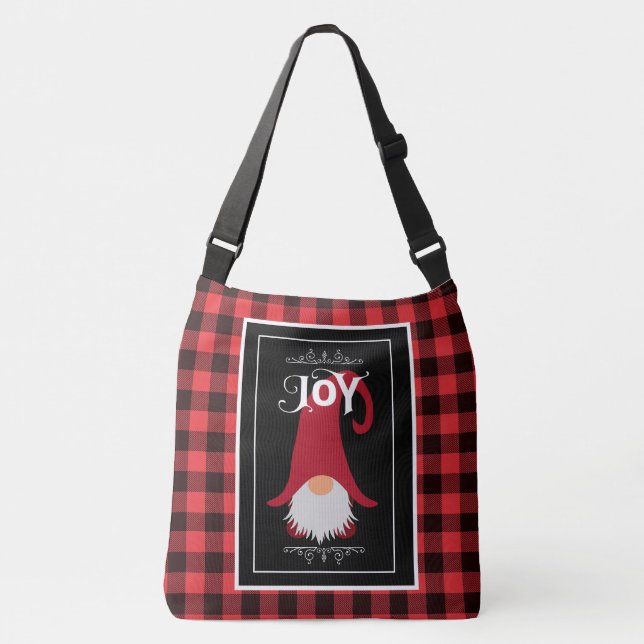 Christmas Gnome Red & Black Buffalo Plaid Crossbody Bag (Front)