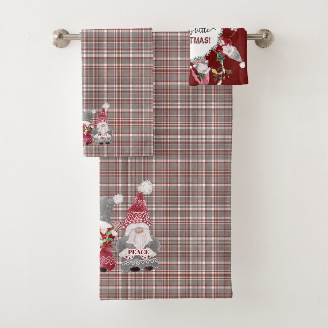 Christmas Gnome Red Grey Plaid Love Joy Peace Bath Towel Set (Insitu)