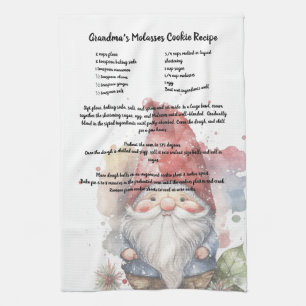 Christmas Gnome Red Hat Watercolor Recipe Tea Towel