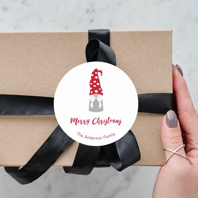 Christmas gnome red white family name cute  classic round sticker (Creator Uploaded)