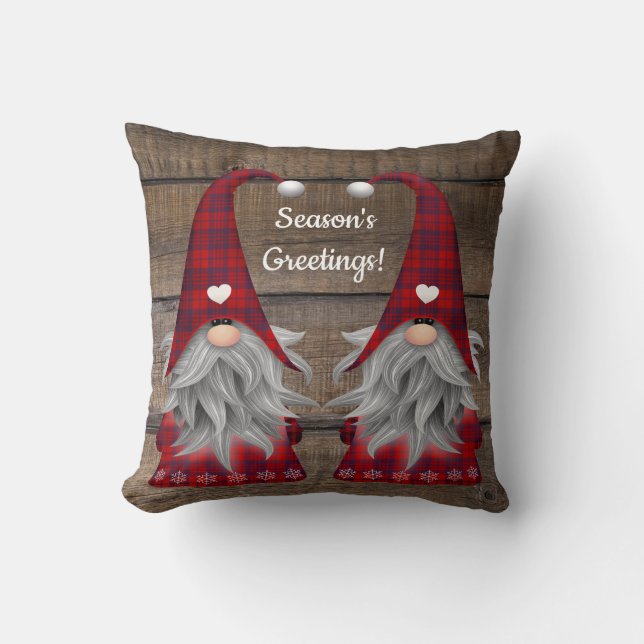 Christmas Gnome Season's Greetings Rustic Wood Cushion (Front)