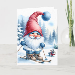 Christmas Gnome Skiing With a Bunny Holiday Card