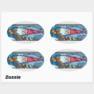 CHRISTMAS GNOME, SQUIRREL, WOODPECKER & CARDINAL OVAL STICKER