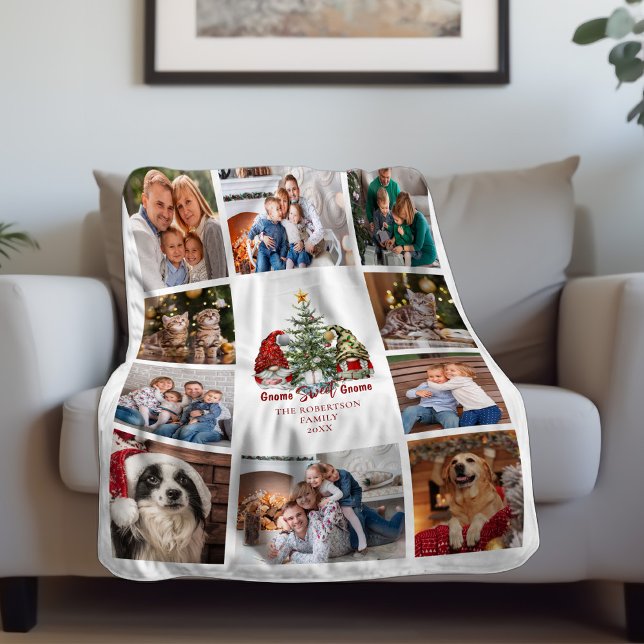 Christmas Gnome Sweet Gnome Family Photo Collage Fleece Blanket (Creator Uploaded)