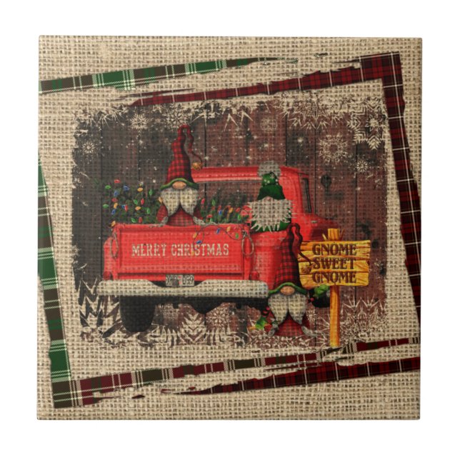 Christmas Gnome Sweet Gnome Red Truck Plaid Ceramic Tile (Front)
