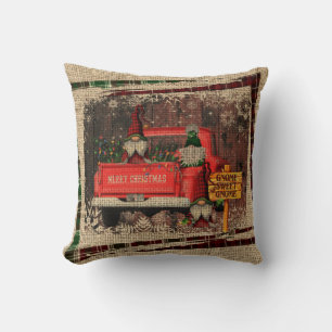 Christmas Gnome Sweet Gnome Red Truck Plaid Cushion