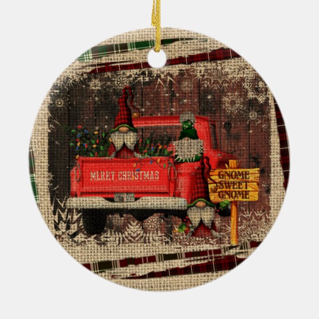 Christmas Gnome Sweet Gnome Red Truck Plaid Rustic Ceramic Ornament (Back)