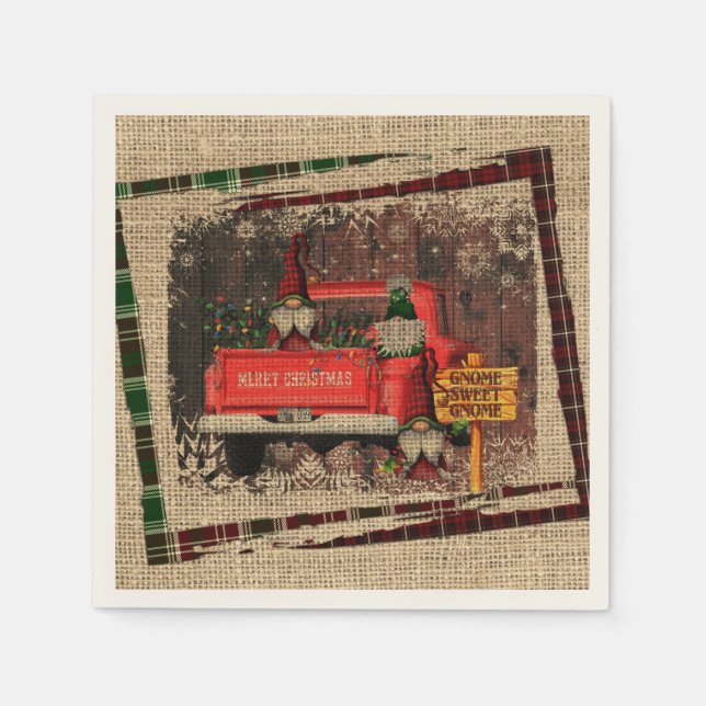 Christmas Gnome Sweet Gnome Red Truck Plaid Rustic Napkin (Front)