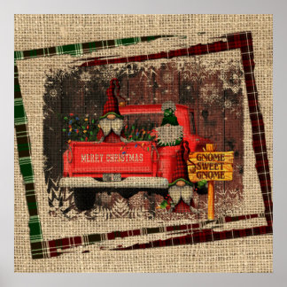 Christmas Gnome Sweet Gnome Red Truck Plaid Rustic Poster