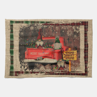 Christmas Gnome Sweet Gnome Red Truck Plaid Rustic Tea Towel