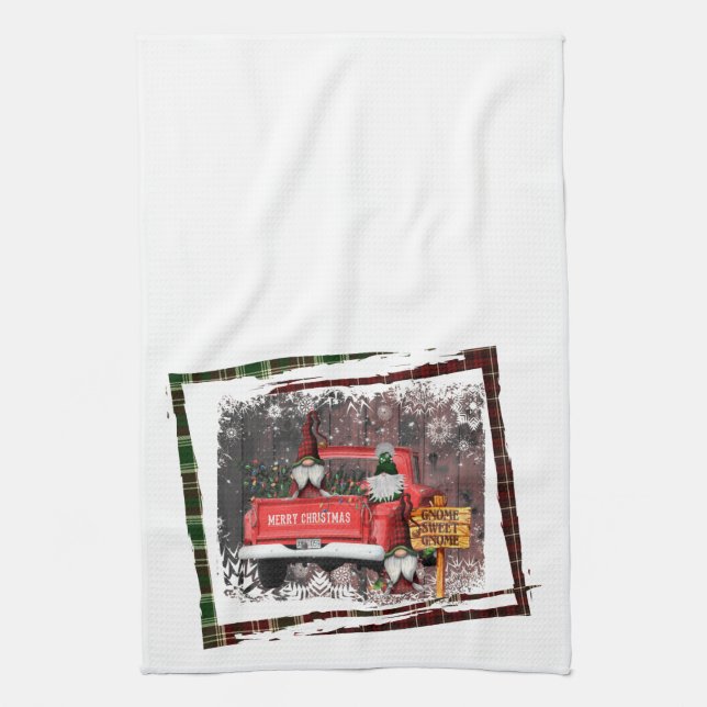 Christmas Gnome Sweet Gnome Red Truck Plaid Rustic Tea Towel (Vertical)
