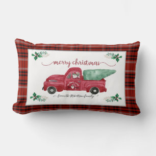 Christmas Gnome Tree Farm Red Truck Plaid Lumbar Cushion