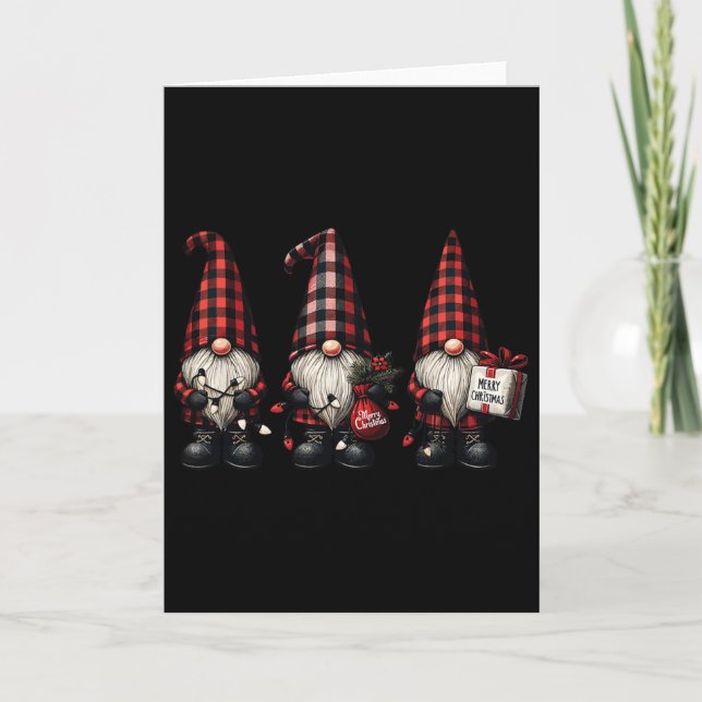 Christmas Gnome Trio Buffalo Check Plaid Hats Xmas Card (Front)