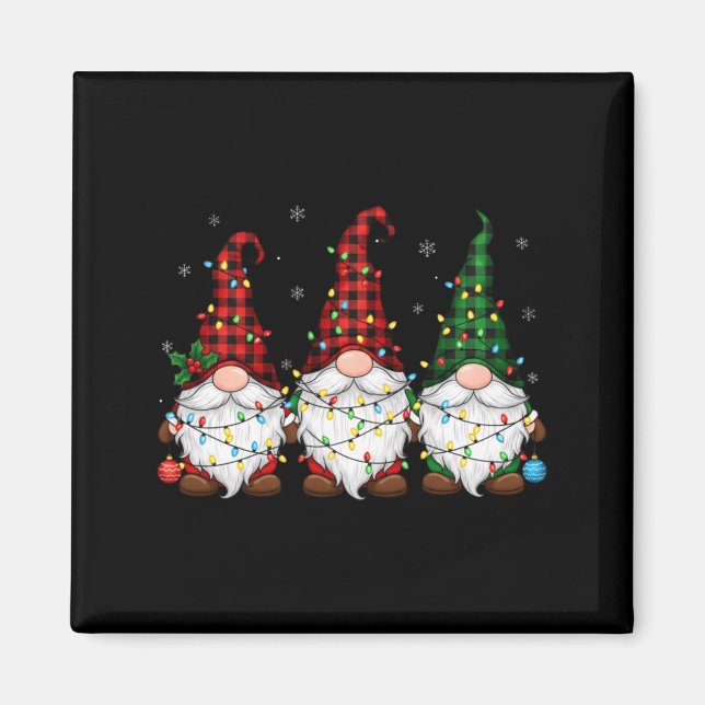 Christmas Gnome Trio Buffalo Plaid Lights Cute Xma Magnet (Front)
