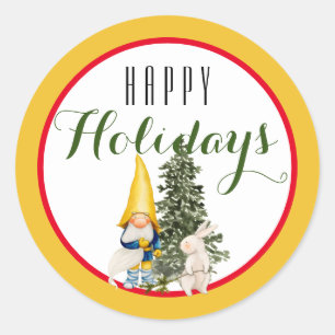 Christmas Gnome with Bunny Happy Holiday / Yellow Classic Round Sticker