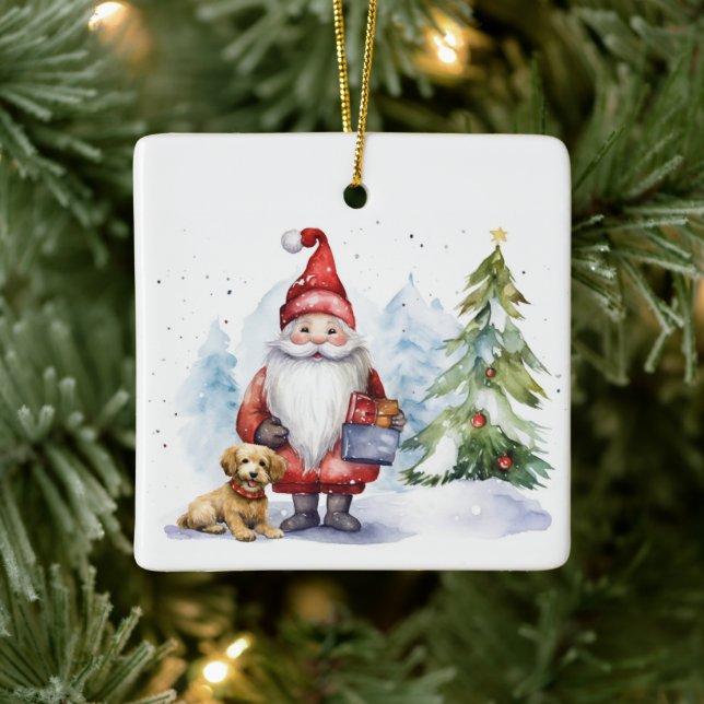 Christmas Gnome With Gift Ceramic Ornament (Tree)
