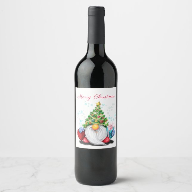 Christmas Gnome with Gift Wine Bottle Label (Front)