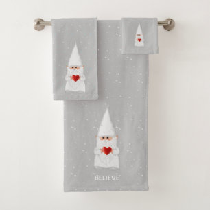 Christmas Gnome with Heart on Light Grey Bath Towel Set