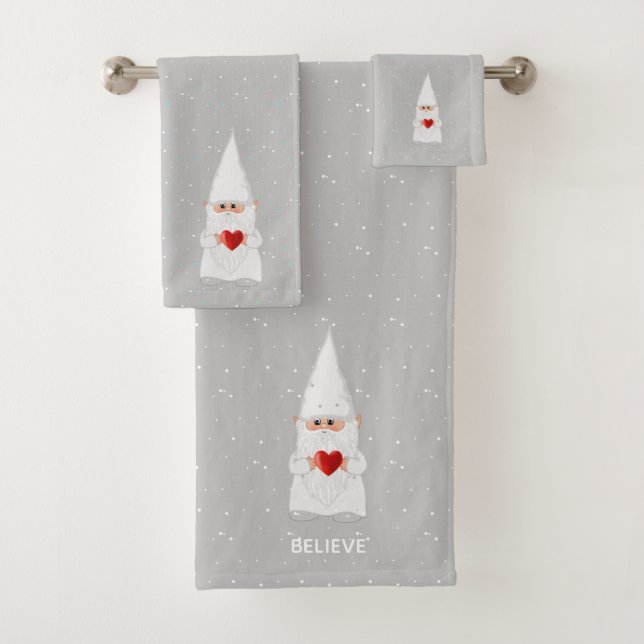 Christmas Gnome with Heart on Light Grey Bath Towel Set (Insitu)