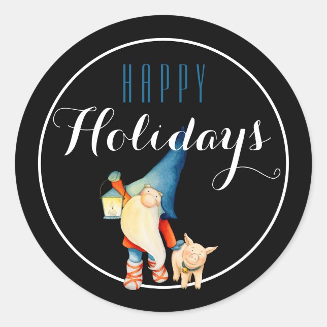 Christmas Gnome with Lantern & Pig Happy Holiday Classic Round Sticker (Front)