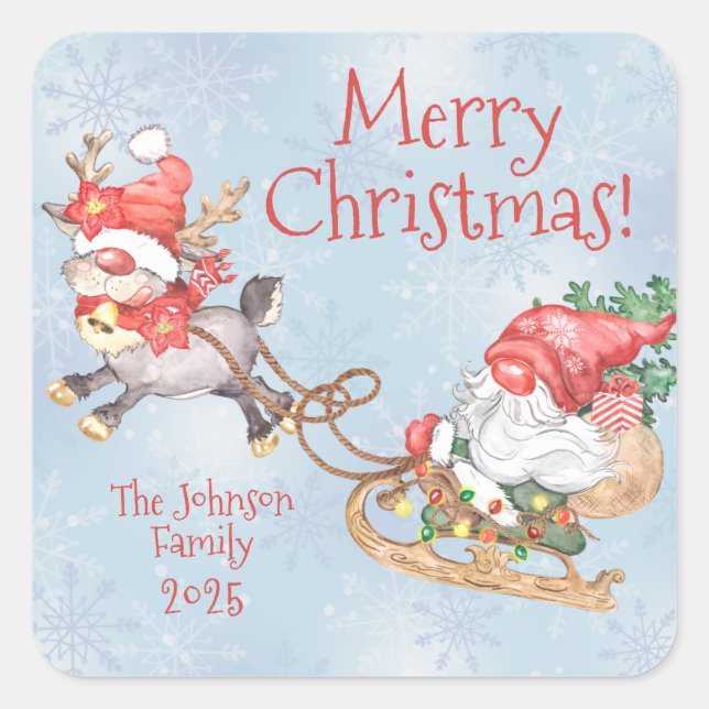 Christmas Gnome with Reindeer Cute Personalised  Square Sticker (Front)